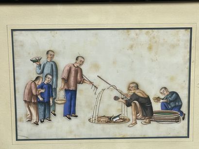 Pêcheurs. 
Trois peintures asiatique encadrées....