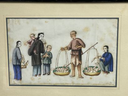 Pêcheurs. 
Trois peintures asiatique encadrées....