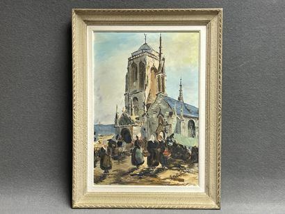Parvie d'église bretonne. 
huile sur toile,...