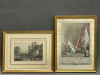 Deux gravures: 
Pont en ruine. 13 x 19 cm....