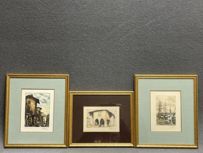 Trois gravures:
St Malo. 12 x 8 cm. 
Rivière...