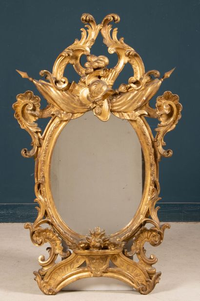 Miroir médaillon avec cadre bois et stuc...