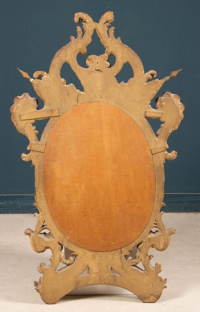 Miroir médaillon avec cadre bois et stuc...