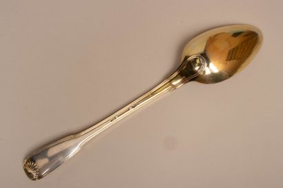 Rare cuiller à ragout en argent massif vermeille...