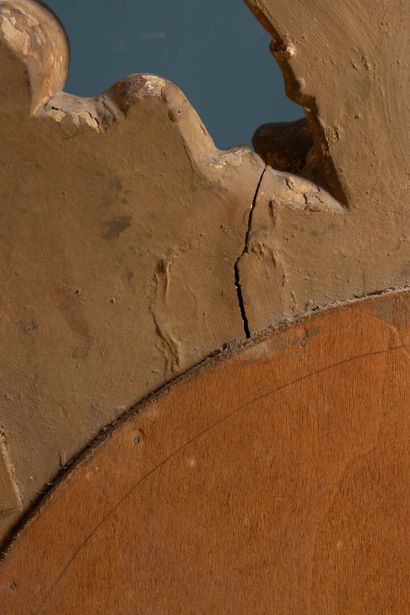 Miroir médaillon avec cadre bois et stuc...