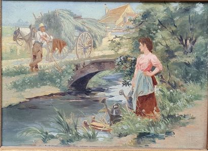 Huile sur toile 
Femme à l'arrosoir
H: 24...