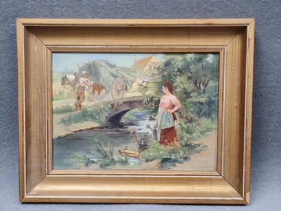 Huile sur toile 
Femme à l'arrosoir
H: 24...