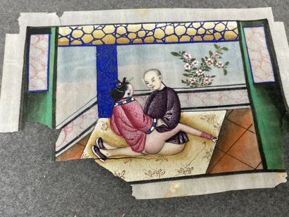Lot de cinq peintures sur papiers de riz...