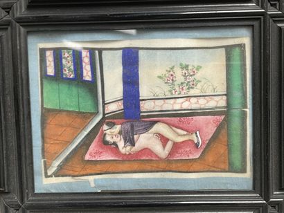 Lot de cinq peintures sur papiers de riz...
