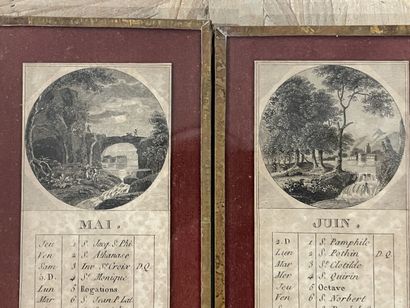 Suite de douze vignettes sous verre: Calendrier...