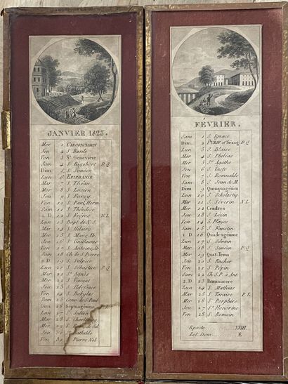 Suite de douze vignettes sous verre: Calendrier...
