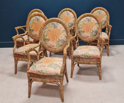 Ensemble de six fauteuils en rotin, assises...