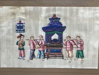 Lot de cinq peintures sur papiers de riz...