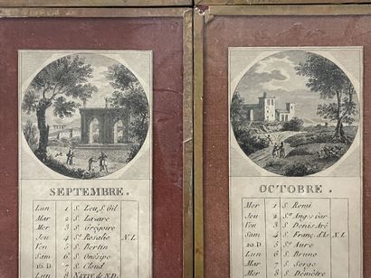 Suite de douze vignettes sous verre: Calendrier...