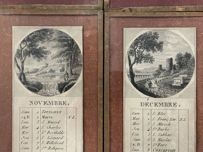 Suite de douze vignettes sous verre: Calendrier...