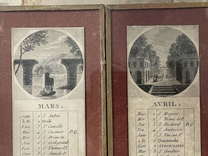 Suite de douze vignettes sous verre: Calendrier...