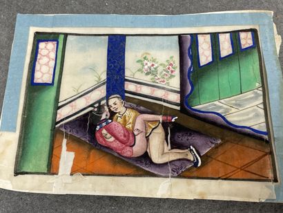 Lot de cinq peintures sur papiers de riz...