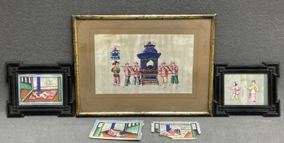 Lot de cinq peintures sur papiers de riz...