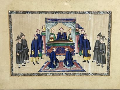 Trois peintures sur papier de riz à décor...