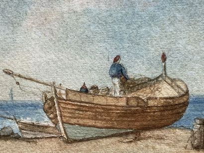 Ecole Française fin XIX
Bateau sur plage.
Aquarelle,...