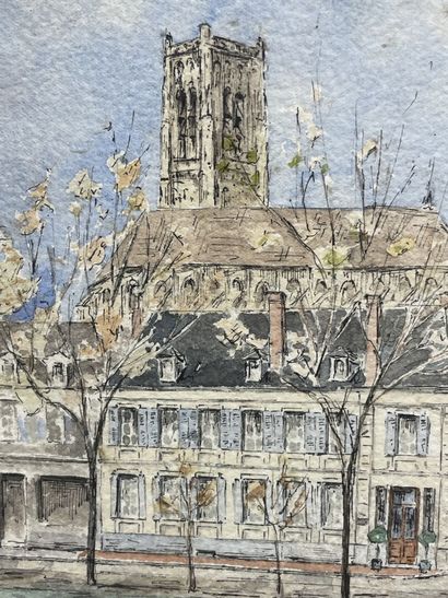 Vue des quais à Auxerre. 
Aquarelle encadrée....