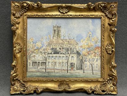 Vue des quais à Auxerre. 
Aquarelle encadrée....