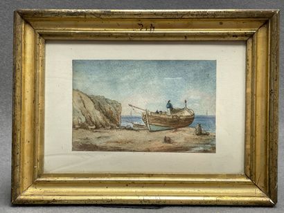 Ecole Française fin XIX
Bateau sur plage.
Aquarelle,...