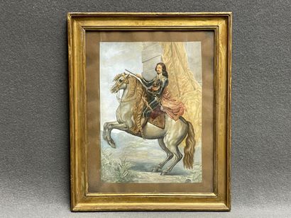 Prince à cheval. 
Gravure en couleur sur...