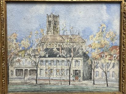 Vue des quais à Auxerre. 
Aquarelle encadrée....