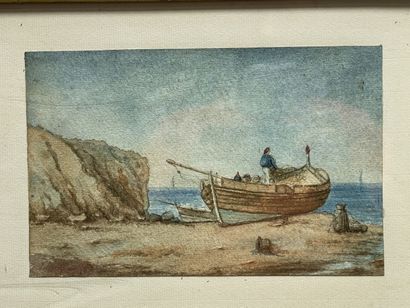 Ecole Française fin XIX
Bateau sur plage.
Aquarelle,...