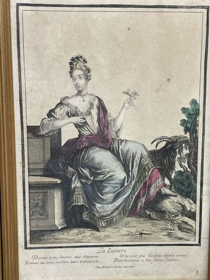 Trois gravures XVIII° en couleur : 
-La luxure....