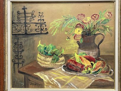 M. GEAY
Nature morte. 
huile sur isorel,...