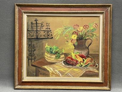 M. GEAY
Nature morte. 
huile sur isorel,...