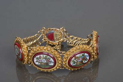 Gold bracelet adorned with five micro-mosaic...