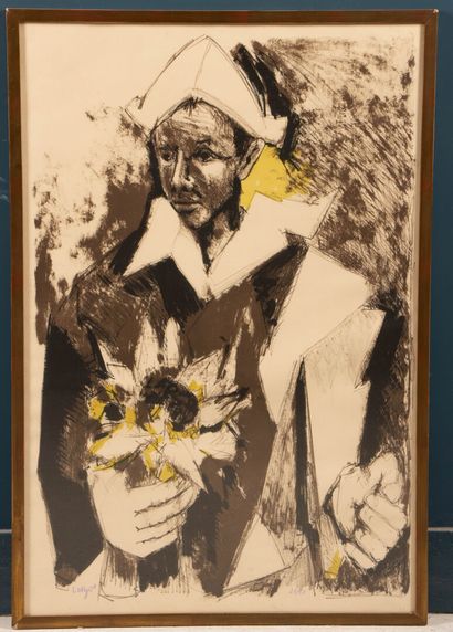 Bernard LORJOU (1908-1986) 
Clown with flowers....