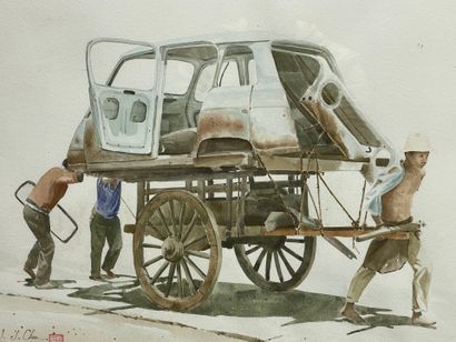 Transport d'épave. 
Aquarelle asiatique sur...