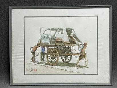 Transport d'épave. 
Aquarelle asiatique sur...