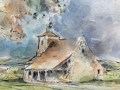 Eglise. 
Aquarelle signée en bas à gauche....