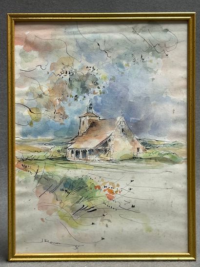 Eglise. 
Aquarelle signée en bas à gauche....