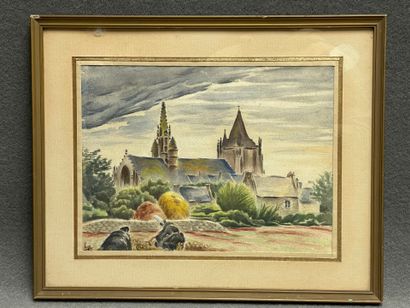 Eglise bretonne. 
aquarelle encadrée. 
signée...