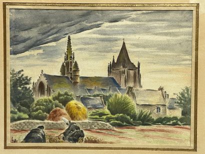 Eglise bretonne. 
aquarelle encadrée. 
signée...