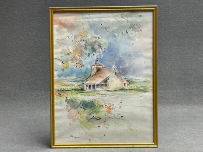 Eglise. 
Aquarelle signée en bas à gauche....