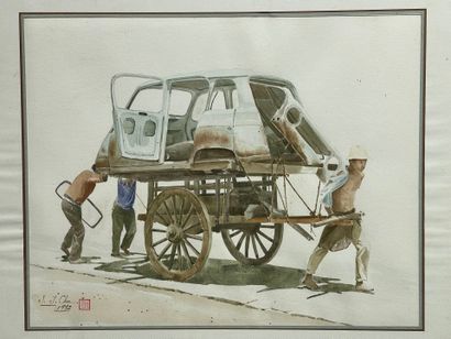 Transport d'épave. 
Aquarelle asiatique sur...