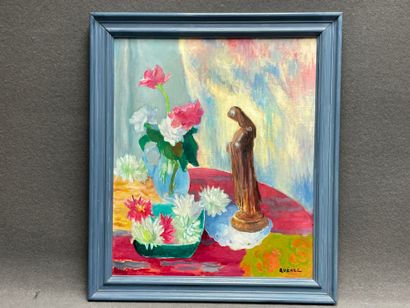 QUENEE ( XX°)
Nature morte au bouquet et...