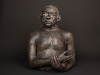 Large bust of an African man in patinated...