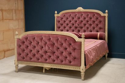 Carved lacquered wood bed with crushed raspberry...