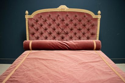 Carved lacquered wood bed with crushed raspberry...