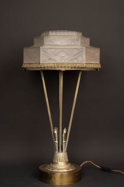 Large bronze salon lamp with molded glass...