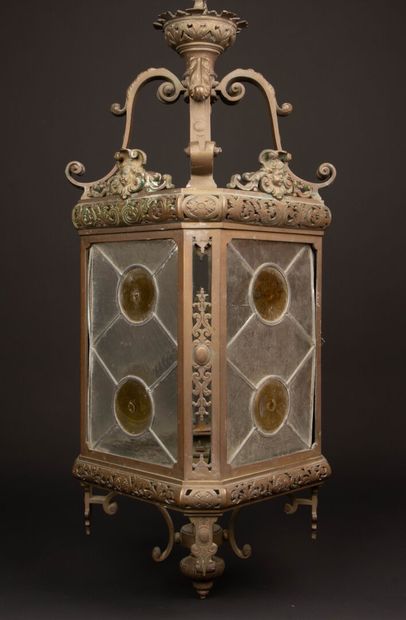 Bronze lantern with stained glass.
Circa...