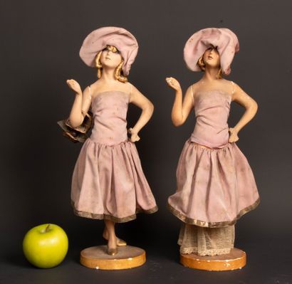 Pair of terracotta and fabric fashion statuettes.
1930's
H....